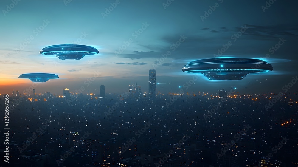 Poster a speculative conceptual image depicting a futuristic alien defense system with floating energy orbs