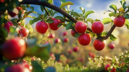 Obraz premium Ripe red apples on a tree branch in an orchard at sunset.