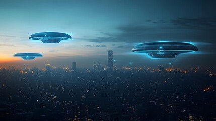 Fototapeta premium A speculative conceptual image depicting a futuristic alien defense system with floating energy orbs projecting shimmering force fields over a high tech illuminated cityscape at dusk