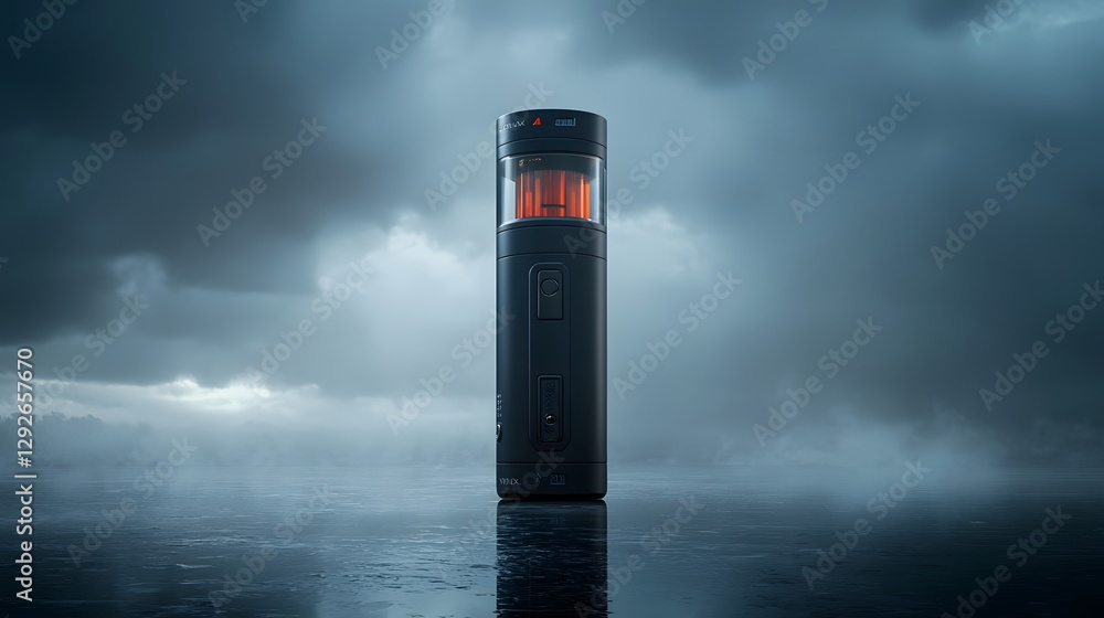 Aufkleber A stylized and render of a vape mod or electronic cigarette device standing upright on a reflective surface with dramatic and moody lighting creating an atmospheric and futuristic composition