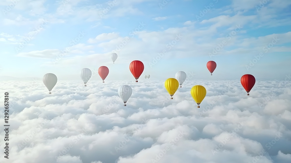 Poster a surreal dreamlike scene of a cluster of colorful hot air balloons floating peacefully above an end