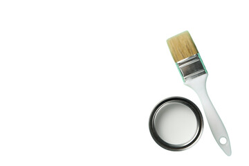 PNG, Paint, can of white paint and a brush, with space for text, isolated on a white background