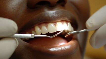 Dental Examination of a Teenager with a Healthy Smile - An African American Female Patient is at the Dentist, Receiving Oral Care with Specialized Tools in a Bright Clinic Setting