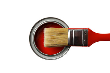 PNG, Paint, red paint in a metal can with a stick, top view, isolated on a white background