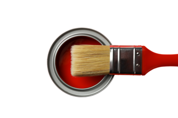 PNG, Paint, red paint in a metal can with a stick, top view, isolated on a white background