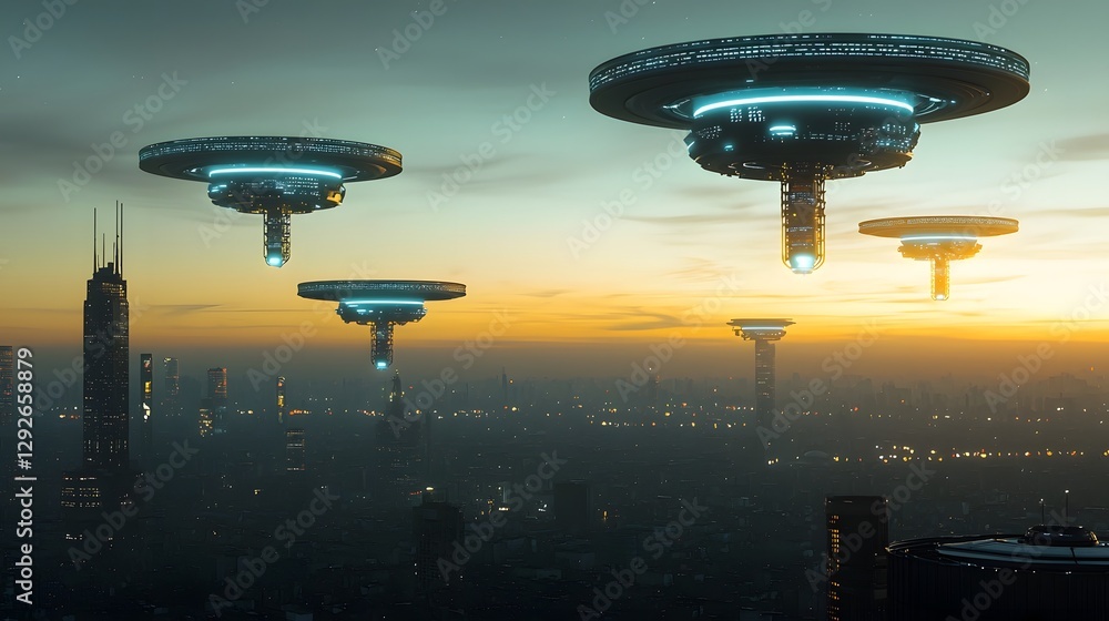 Poster a visionary and imaginative depicting a futuristic alien cityscape with floating bioluminescent towe