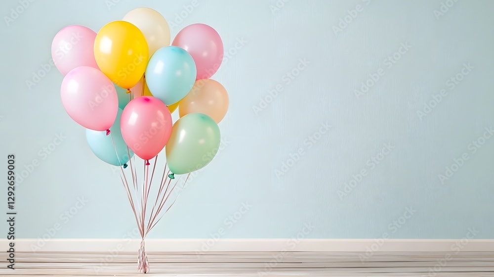 Poster a visually striking arrangement of soft pastel colored latex balloons creatively displayed on a wood