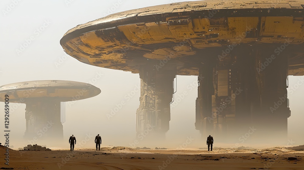 Poster A visually captivating image depicting self replicating alien machines constructing massive intricate space structures in a surreal otherworldly desert landscape
