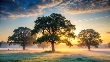 Mature Oak Trees standing alone in a serene forest landscape at dawn with mist rising from the ground, trees, nature,  trees