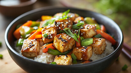  sesame tofu bowl with rice and colorful vegetables soy food dish meal asian vegan sauce