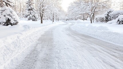 Snowy Winter Road Through Trees, Sunlight, Calm, Peaceful, Scenic Drive, Ideal for Winter Travel, Background Suitable for Winter Promotion
