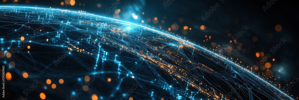 Poster a floating tech lab orbiting a distant planet, glowing with data streams