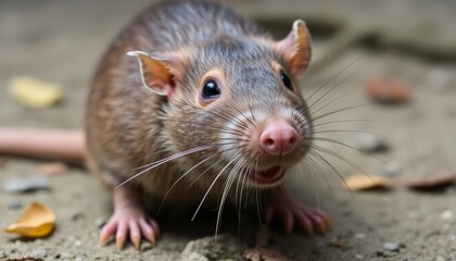 Close-Up of Brown Rat with Whiskers on Ground