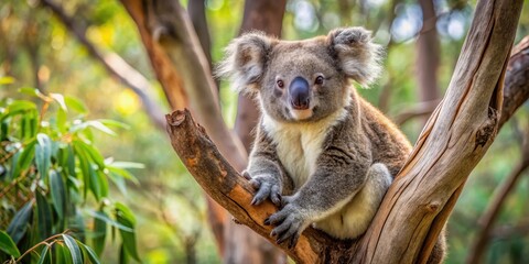 Fototapeta premium A koala sitting in the crook of a branch in an eucalyptus tree, with its fur fluffed up and a watchful gaze, perched high above the forest floor , nature, wildlife