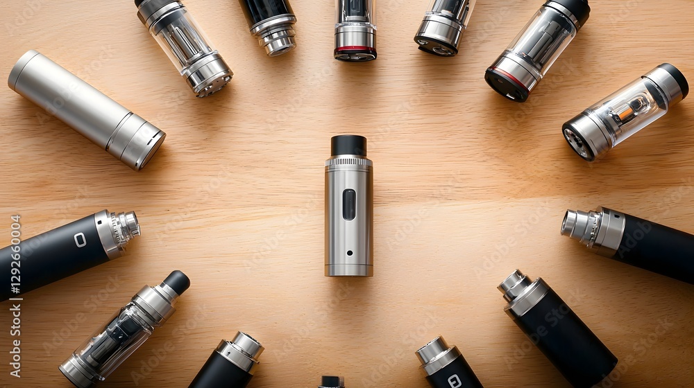 Aufkleber An overhead view of multiple vape devices mods tanks and accessories arranged in a circular formation on a wooden tabletop surface  The image showcases a variety of vaping equipment