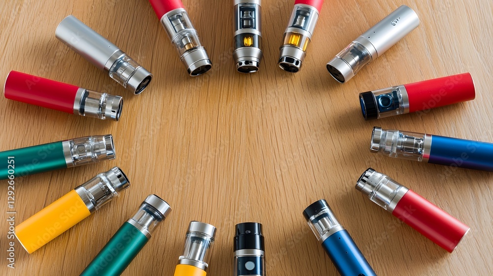 Poster An overhead shot showcasing an arrangement of various vape mods tanks and accessories in a circular pattern on a wooden tabletop or surface  The image highlights the technology style