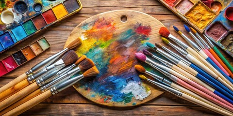 Fototapeta premium Farbpalette mit vielen Pinseln, artistic equipment, creative workspace