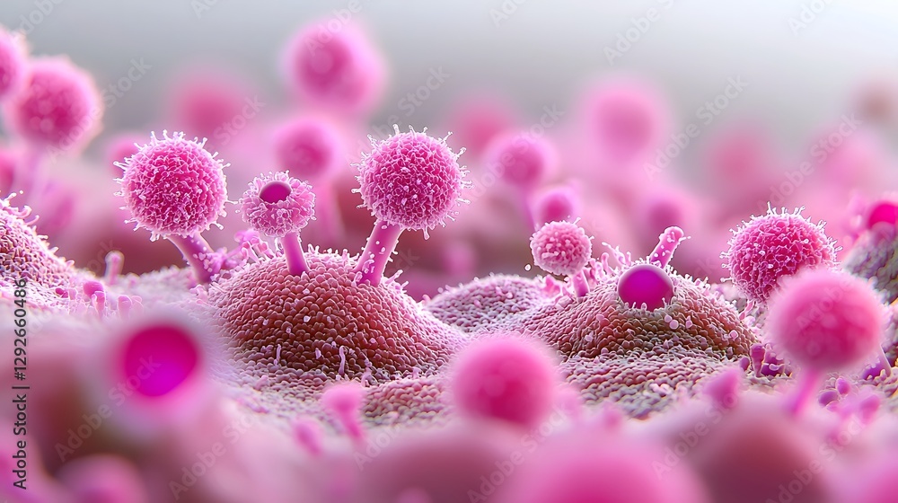 Poster and highly detailed photo of an electron microscope image showcasing the intricate structure of fungal cells with melanin layers that are adapted to absorb gamma radiation