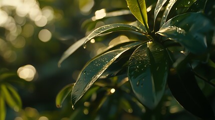 Closeup of Dew-Covered Green Leaves in Sunlight