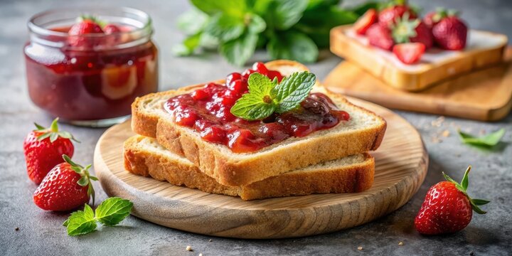 Freshly baked bread with sweet strawberry jam on top, breakfast, toasting,  breakfast, toasting