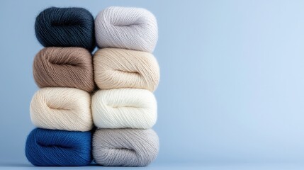 Stacked yarn balls, neutral tones, craft supplies, blue background, knitting project
