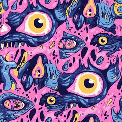 Obraz premium Playful pattern with pink background and blue and yellow eyes creating a fun and quirky design