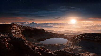 Obraz premium Breathtaking alien landscape with serene liquid water lakes and majestic mountains under the glow of a red dwarf star on the surface of the exoplanet Proxima b This conceptual