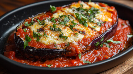  grilled eggplant with melted cheese and tomato sauce food meal menu dish basil tasty plate