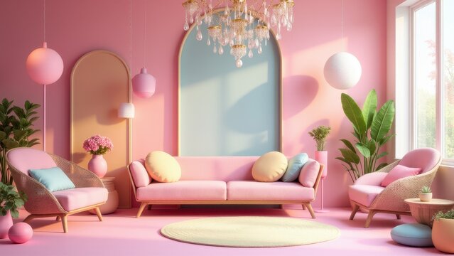 A fancy pancy living room with pink furniture, pastel accents, and lush green plants, creating a vibrant and stylish atmosphere.
