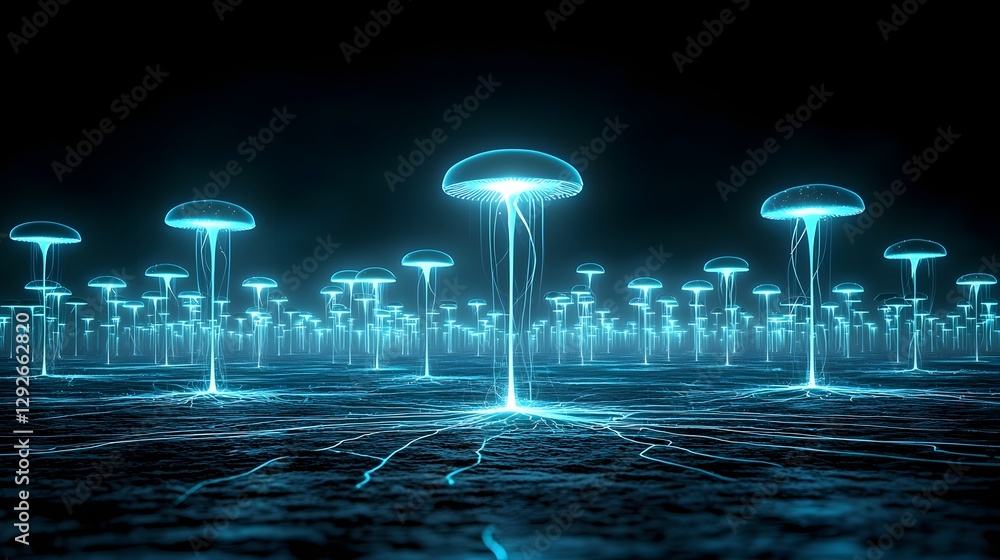 Poster captivating image of a surreal alien like landscape where bioluminescent fungi are seen glowing and 