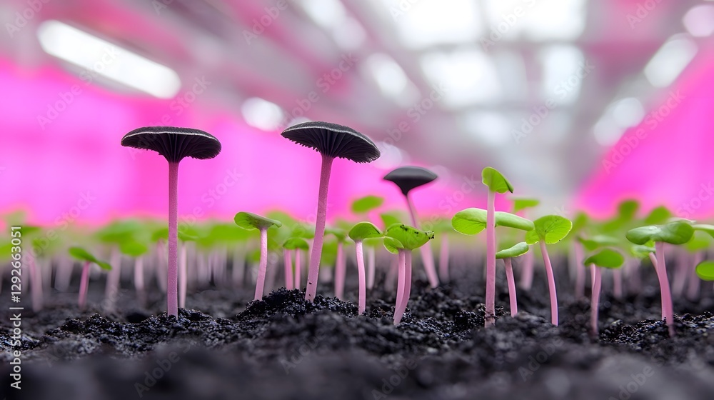 Poster close up image showcasing the growth and development of black gamma ray absorbing fungi in a simulat
