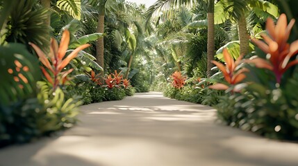 Sunlit Path Through Lush Tropical Garden with Orange Flowers
