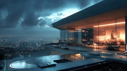 Modern Cityscape at Night: Futuristic Rooftop Apartment with Infinity Pool