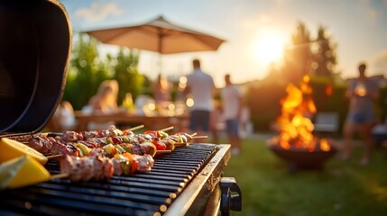 Close up of delicious grilled meat and savory skewers vibrant flames dancing