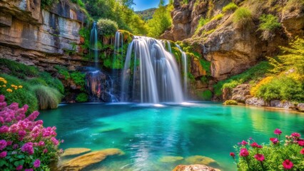 Fototapeta premium Water cascades down a rugged rocky cliffside into a serene turquoise pool