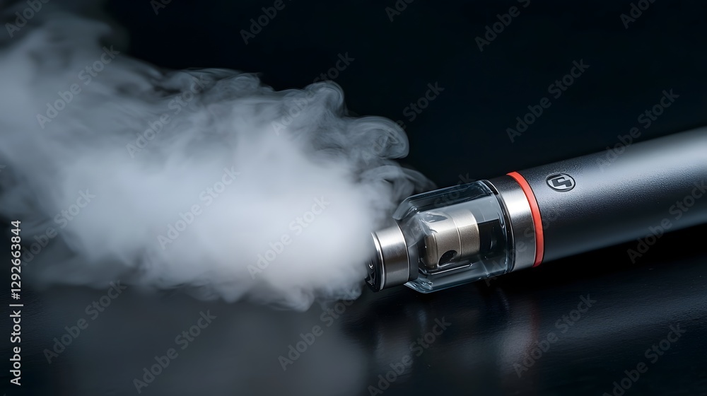 Poster close up view of a sleek and sophisticated vape pen emitting a soft cloud of vapor against a dark mi