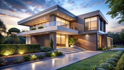 Fototapeta premium Modern mansion with sleek lines and clean facade surrounded by lush greenery and ornamental trees illuminated by soft twilight lighting , elegant landscaping, modern architecture