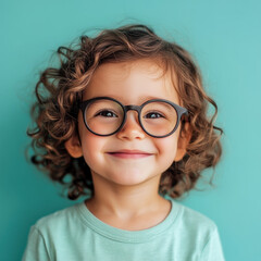 Obraz premium Joyful child with glasses indoor setting portrait photography bright background close-up childhood wonder