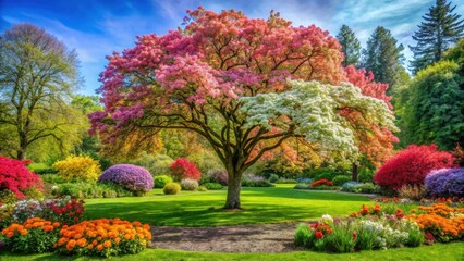 A beautiful blooming tree with vibrant colorful flowers and lush green leaves standing tall in a garden surrounded by natural scenery , blooming plants, tree blossoms