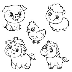 Coloring Fun with Cute Cartoon Animals Pig, Chick, Sheep, Unicorn, and Calf