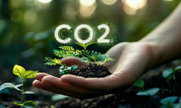 Hand holding sapling, CO2 reduction, forest background, environmental campaign