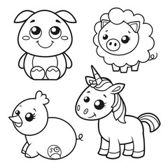 Playful Cartoon Animal Line Art for Coloring Pig, Chick, Sheep, Unicorn, and Calf