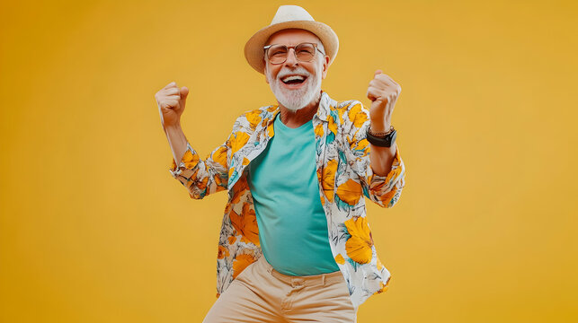 Cheerful senior man celebrating success, expressing positive emotion on yellow background