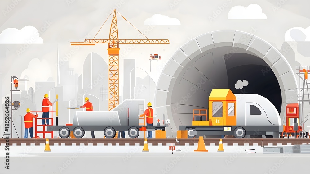 Poster Close up view of workers assembling reinforced concrete segments inside a railway tunnel under active construction