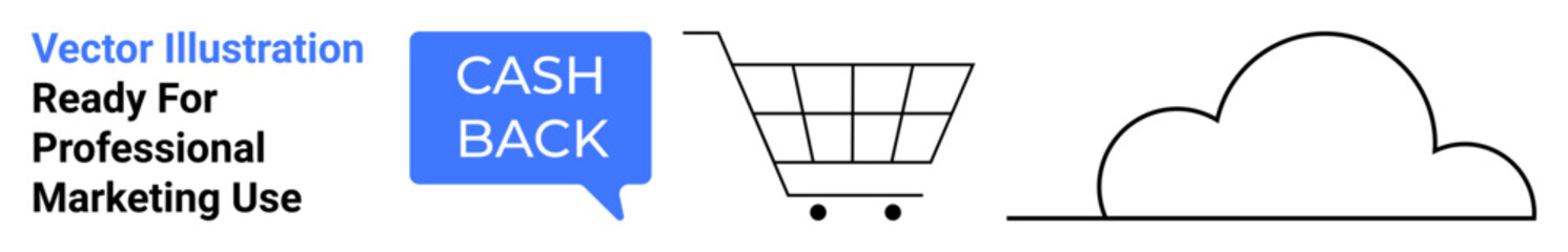 Shopping cart with cashback speech bubble and cloud graphic. Ideal for online shopping, cashback promotions, e-commerce platforms, digital marketing, data storage, cloud services, retail sales, flat