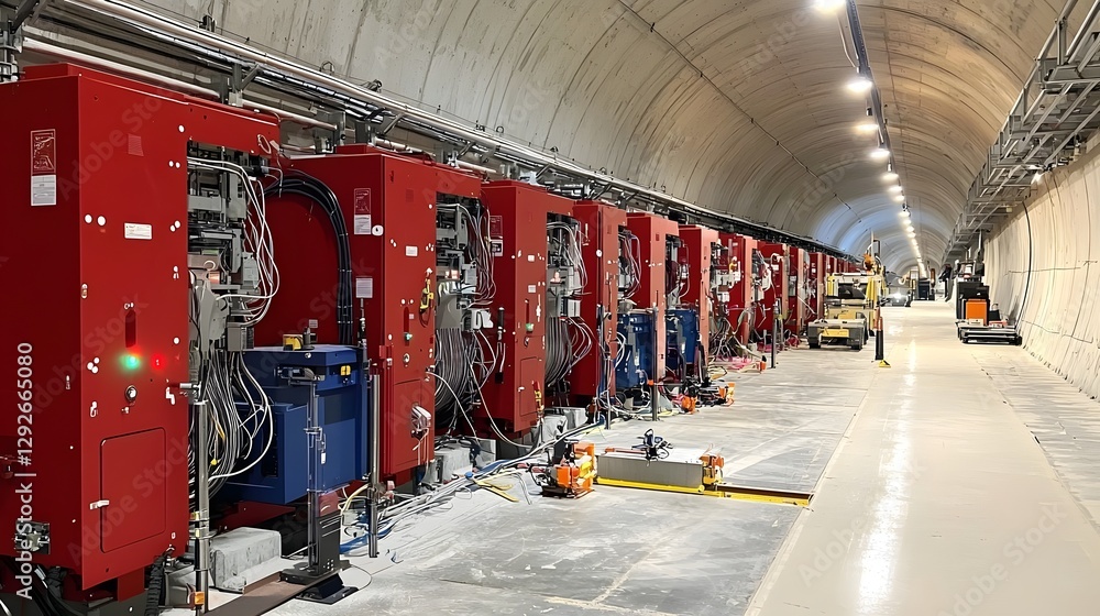 Poster Closeup view of an automated tunnel reinforcement system with industrial bolting machines working on the concrete wall interior