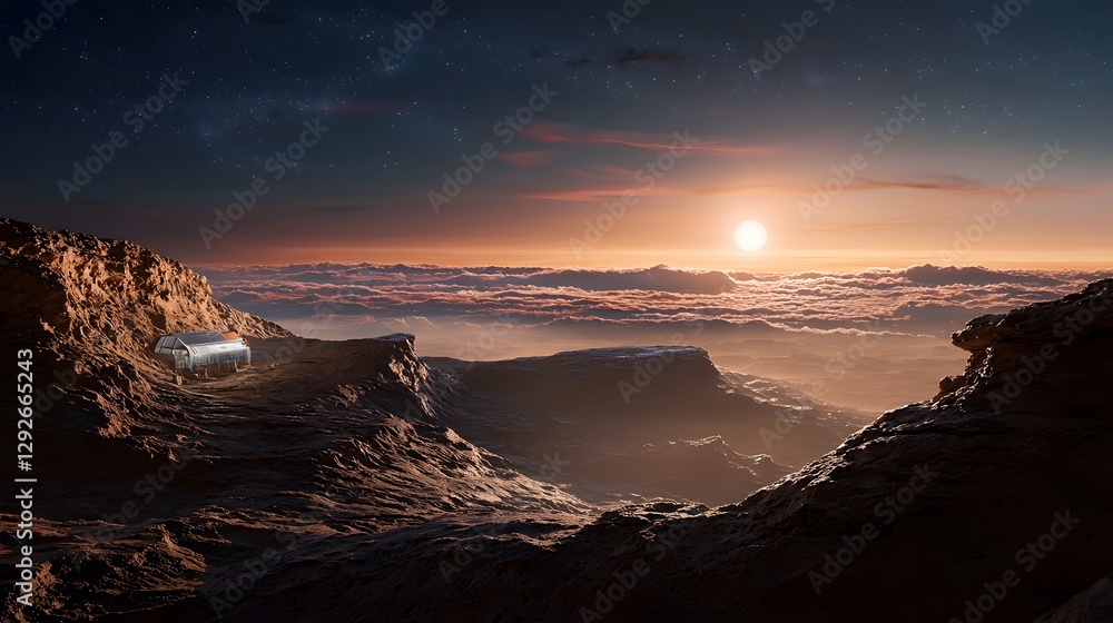 Aufkleber Concept of an advanced interstellar observatory situated on the surface of the exoplanet Proxima b observing and studying the wonders of distant galaxies and the cosmic phenomena of the universe