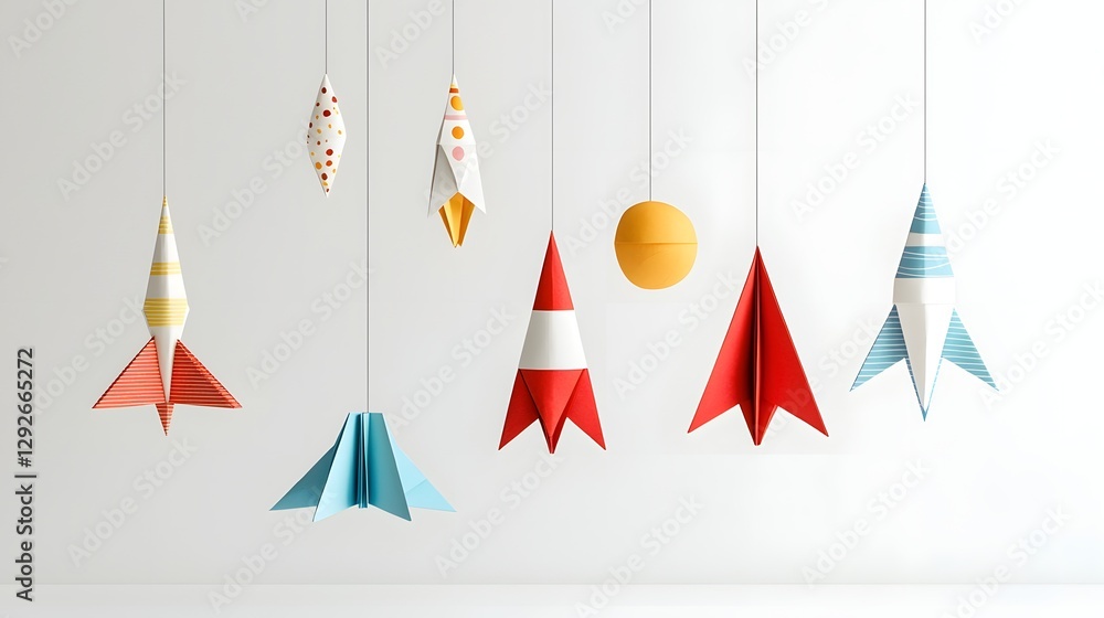 Poster colorful paper rockets folded in various aerodynamic designs suspended in motion on a white backgrou