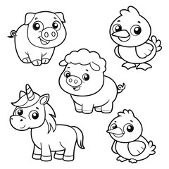 Cartoon Animal Outline Illustration for Coloring Pig, Chick, Sheep, Unicorn, and Calf