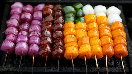 Colorful skewers of grilled vegetables ready for a flavorful feast at the airport&rsquo;s food court